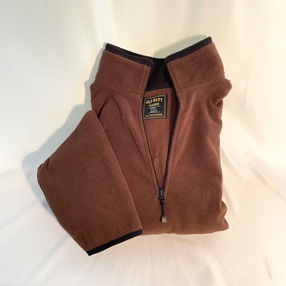 Old Navy Fleece Jacket 1/4 Zip Pull Over Mens XL Brown Black Trim Pockets - Picture 2 of 6